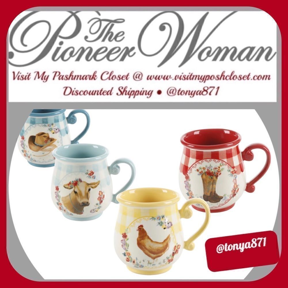 🦋 New Pioneer Woman Novelty Gingham  4-Piece Mugs/Cups Set